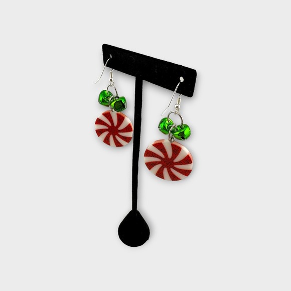 Peppermint Swirl Earrings with Green Jingle Bells - Picture 3 of 5
